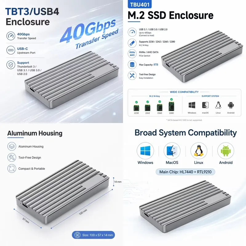 Usb4 40Gbps External Ssd 8Tb - AP01 สำหรับกล่องใส่ M.2 NVMe SSD อลูมิเนียม
